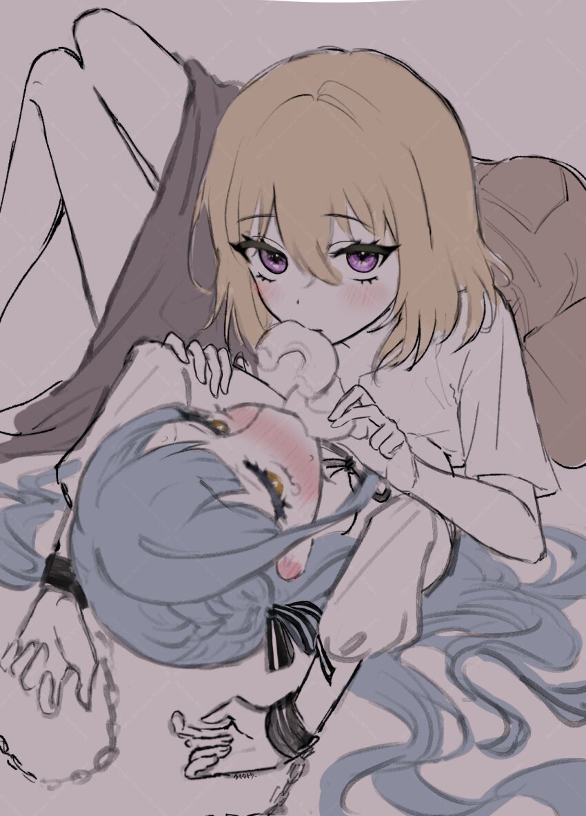 2girls, bang_dream!, bang_dream!_it's_mygo!!!!!, bdsm, black_ribbon, blonde_hair, blue_hair, blush