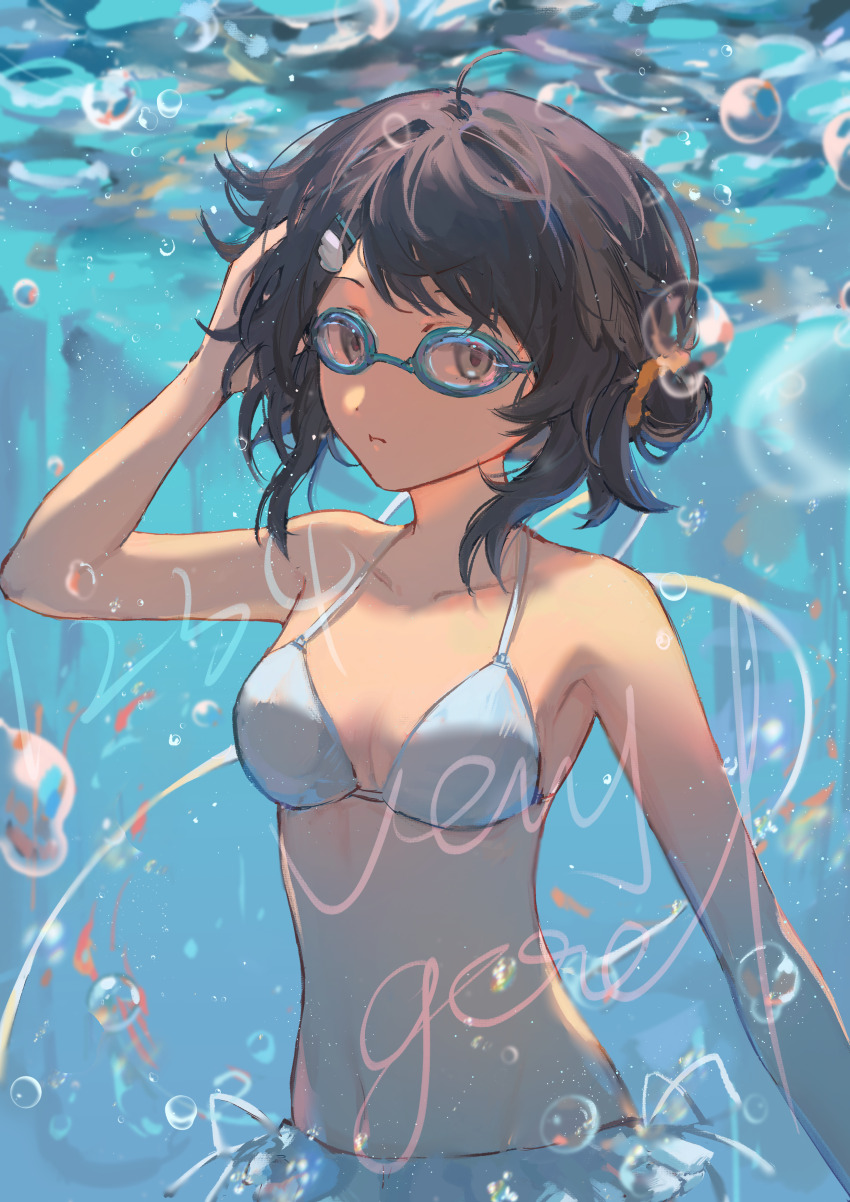 1girl, absurdres, air_bubble, arknights, bikini, black_hair, breasts, bubble