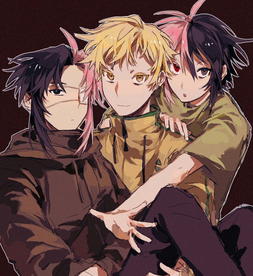 3boys, ahoge, antenna_hair, black_eyes, black_hair, black_pants, blonde_hair, brown_background