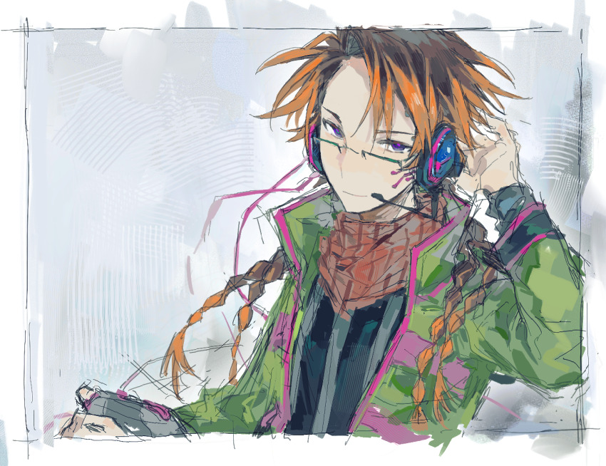 1boy, black_shirt, blonde_hair, border, brown_hair, closed_mouth, colored_tips, glasses