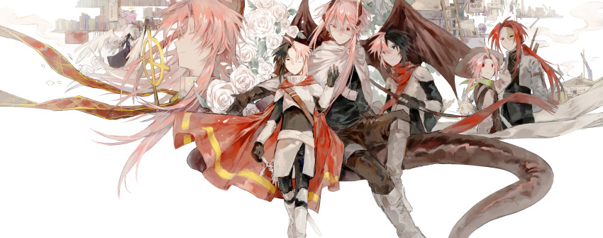 6+boys, absurdres, ahoge, alternate_costume, black_eyes, black_gloves, black_hair, black_shirt