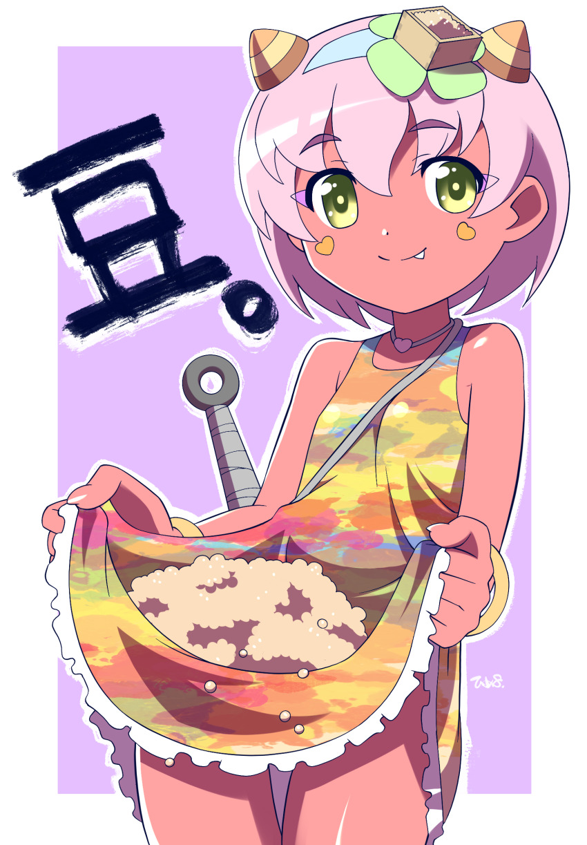 1girl, bare_shoulders, blue_hairband, closed_mouth, clothes_lift, club, club_(weapon), colored_skin