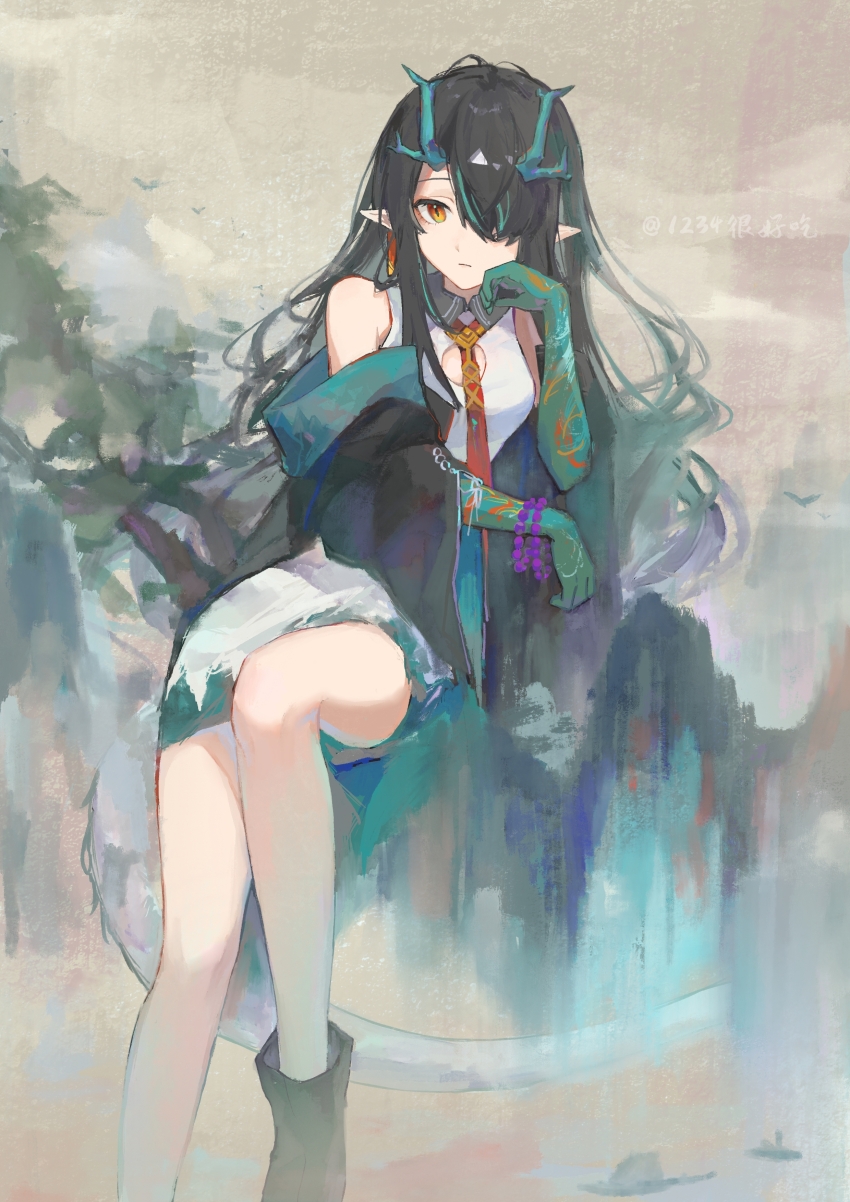 1girl, absurdres, aqua_hair, arknights, bare_shoulders, beads, black_hair, chinese_commentary
