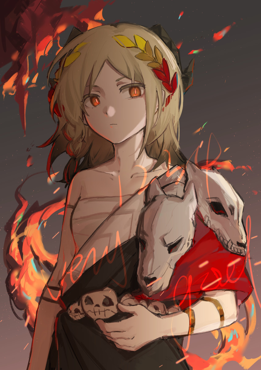 1girl, absurdres, animal_skull, arknights, bare_shoulders, blonde_hair, chest_sarashi, chinese_commentary