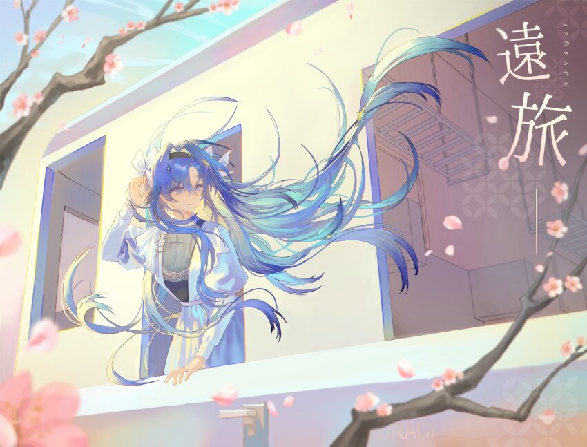1girl, absurdres, adjusting_hair, black_hairband, blue_eyes, blue_hair, blue_sky, branch, character_name, falling_petals, floating_hair, flower, from_outside, hair_intakes, hairband, hand_up, highres, juliet_sleeves, leaning_out_of_window, long_hair, long_sleeves, looking_outside, looking_to_the_side, luciasher, petals, pink_flower, puffy_sleeves, reverse:1999, shirt, sky, solo, upper_body, very_long_hair, voyager_(reverse:1999), white_shirt