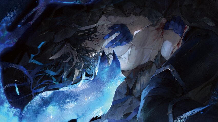 1boy, animal_ears, arknights, beard_stubble, black_background, black_coat, black_hair, black_pants