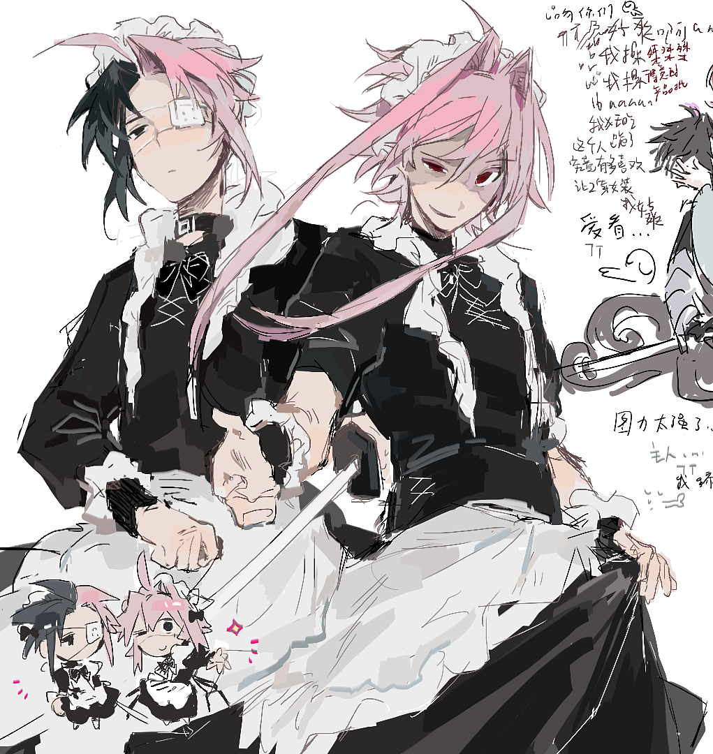 2boys, ahoge, alternate_costume, apron, black_bow, black_bowtie, black_choker, black_dress