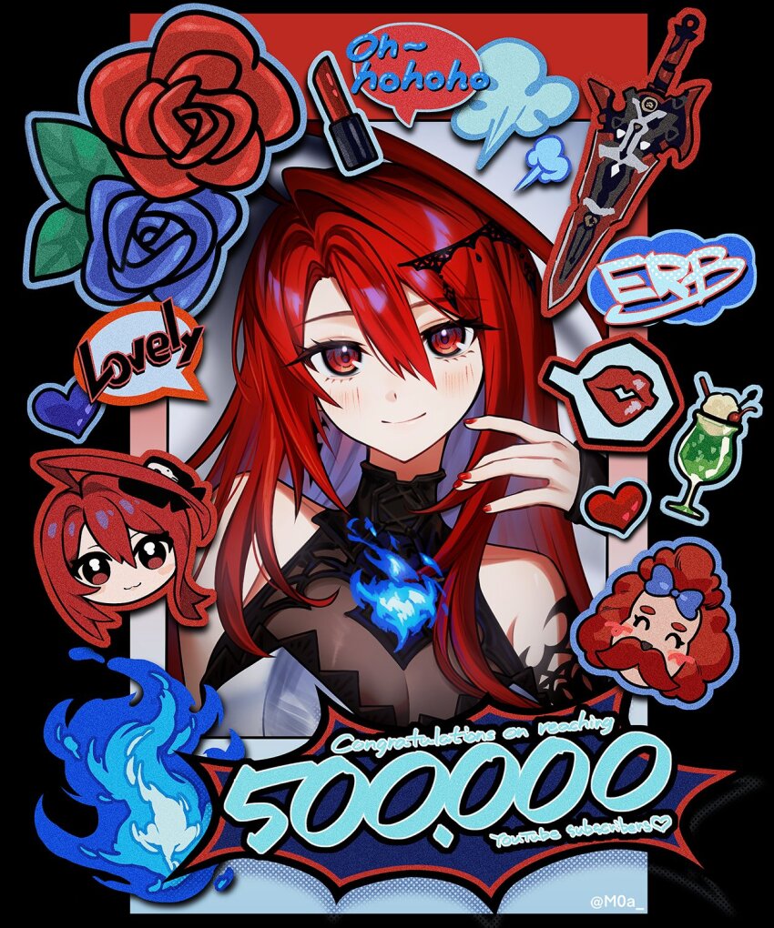 1girl, ahoge, animal, blue_fire, blue_hair, blush, bobby_(elizabeth_rose_bloodflame), breasts