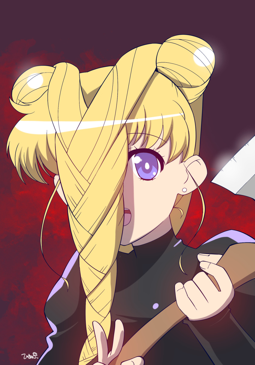 1girl, axe, bishoujo_senshi_sailor_moon, blonde_hair, blue_eyes, braid, bright_pupils, cosplay