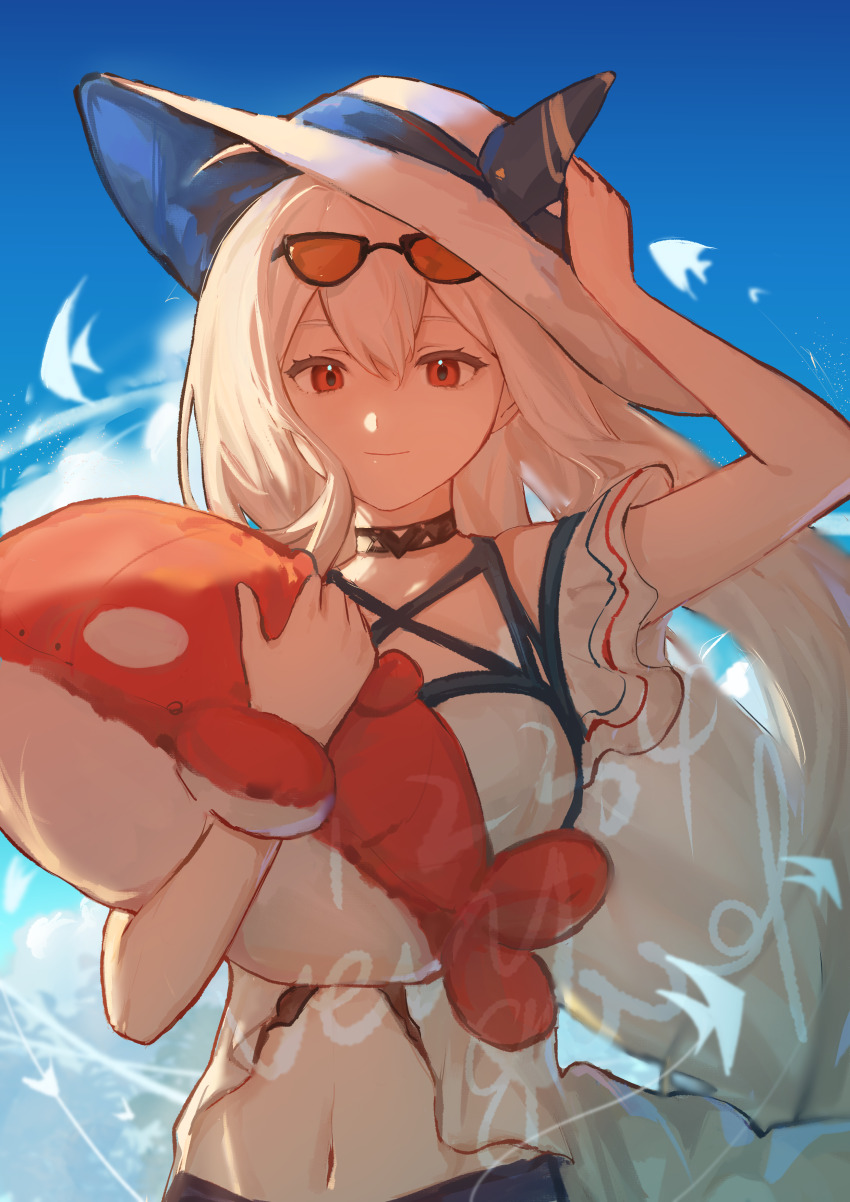 1girl, absurdres, arknights, arm_up, blue_hat, chinese_commentary, closed_mouth, commentary_request