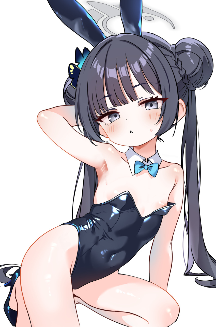 1girl, absurdres, animal_ears, arm_behind_head, arm_up, armpits, bare_shoulders, black_hair, black_leotard, blue_archive, blush, bow, bowtie, braid, breasts, bun_with_braided_base, butterfly_hair_ornament, collarbone, covered_navel, cunvaroy, detached_collar, double_bun, fake_animal_ears, grey_eyes, grey_halo, groin, hair_bun, hair_ornament, halo, high_heels, highres, kisaki_(blue_archive), leotard, loli, long_hair, looking_at_viewer, open_mouth, playboy_bunny, rabbit_ears, simple_background, small_breasts, sweat, thighs, white_background