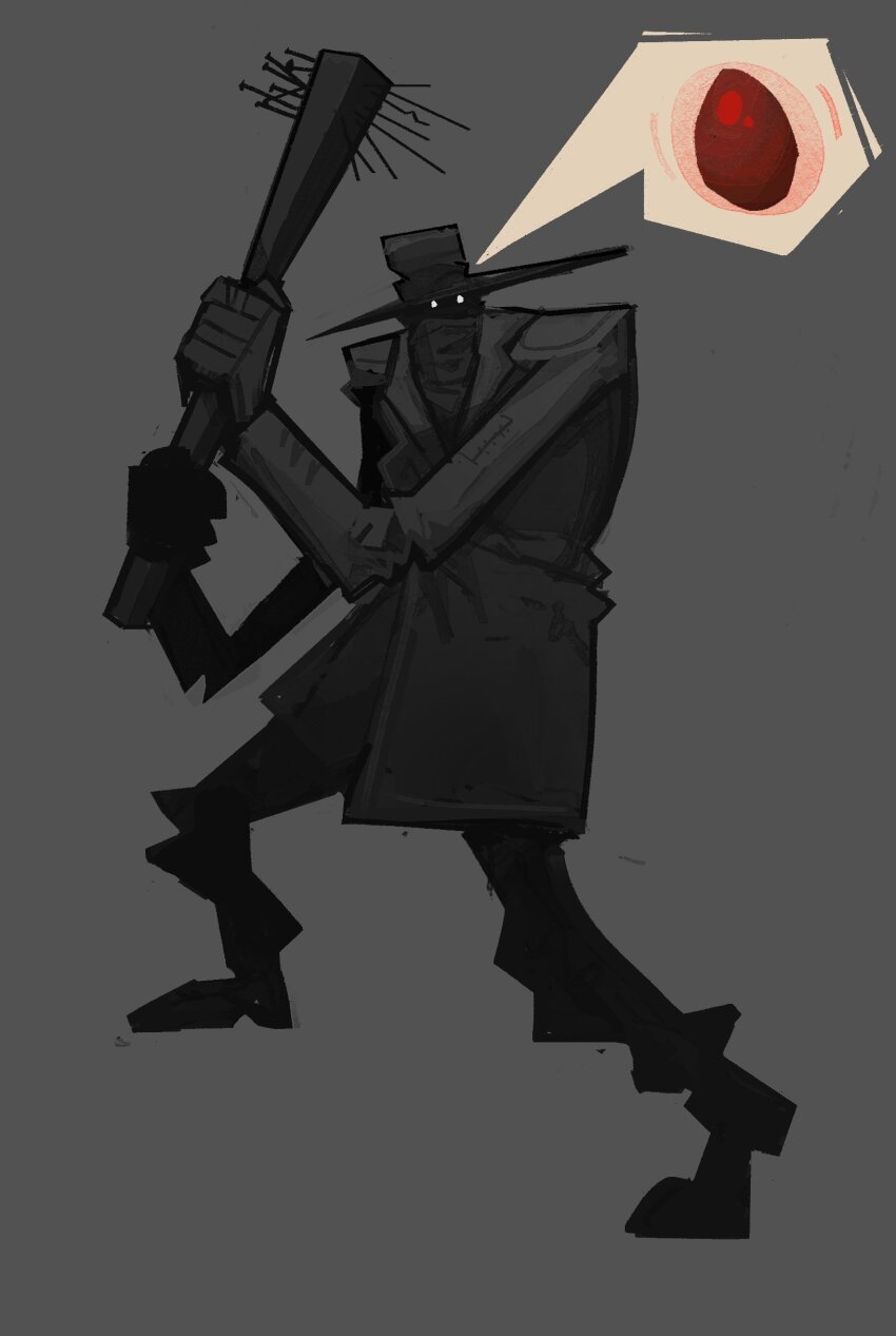 1boy, absurdres, baseball_bat, boots, darkwood, egg, full_body, gloves, highres, holding, long_sleeves, nail_(hardware), nail_bat, solo, speech_bubble, the_stranger_(darkwood), thought_bubble, two-handed, vei0_deseho, wide_brim