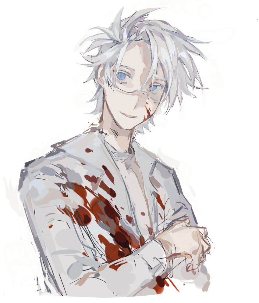 1boy, blood, blood_on_clothes, blood_on_face, blue_eyes, chinese_commentary, colored_eyelashes, commentary_request