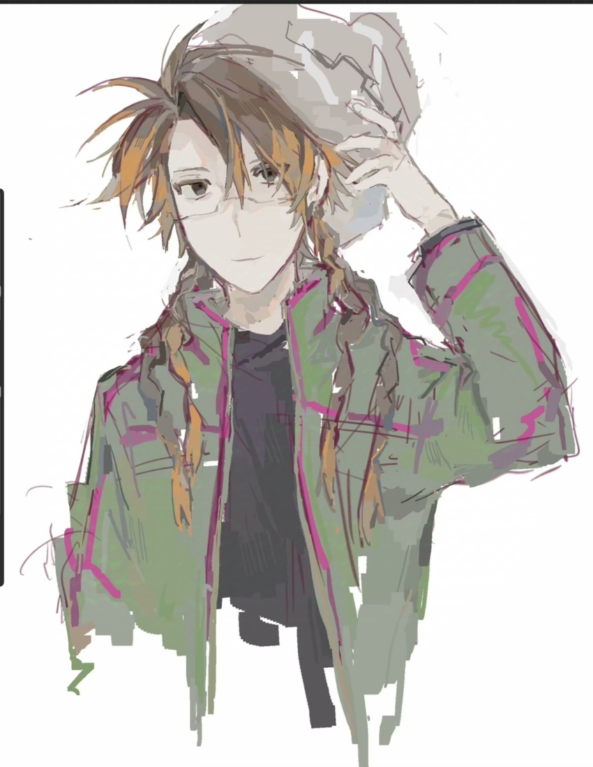1boy, black_eyes, black_shirt, blonde_hair, brown_hair, chinese_commentary, closed_mouth, commentary_request, cropped_torso, glasses, green_jacket, helmet, highres, holding, holding_unworn_helmet, jacket, lei_renqun_xing_shanyao_shi, long_hair, long_sleeves, male_focus, multicolored_hair, open_clothes, open_jacket, orie_rin, pink_trim, quad_braids, saibou_shinkyoku, semi-rimless_eyewear, shirt, simple_background, sketch, solo, two-tone_hair, unworn_helmet, white_background