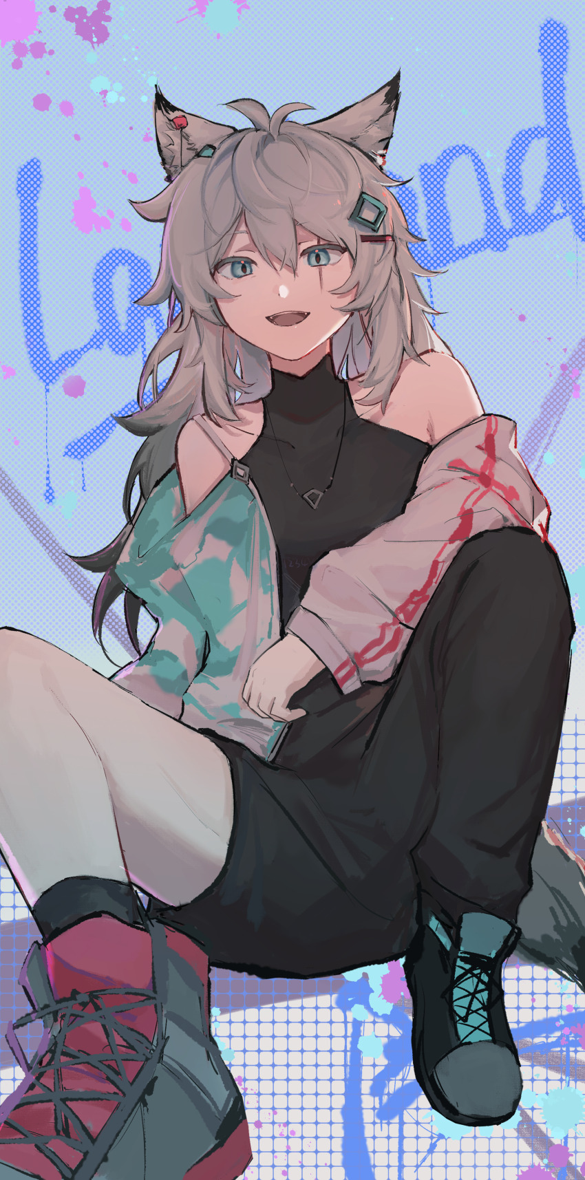 1girl, :d, absurdres, animal_ears, aqua_eyes, arknights, bare_shoulders, blue_background