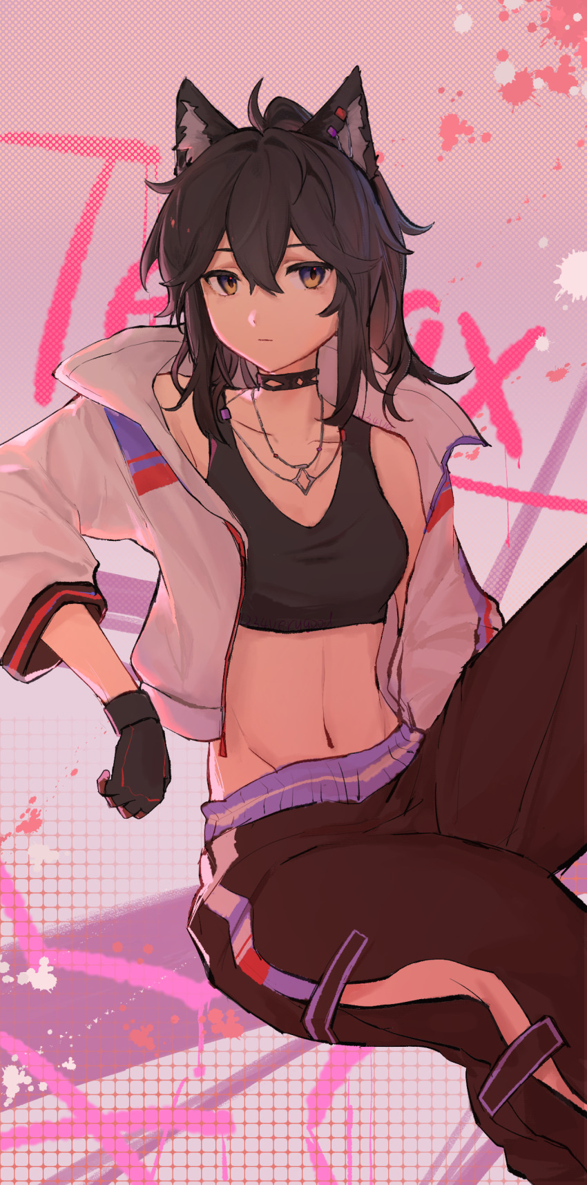 1girl, absurdres, animal_ears, arknights, bare_shoulders, black_choker, black_gloves, black_hair, black_sports_bra, breasts, chinese_commentary, choker, closed_mouth, collarbone, commentary_request, crop_top, expressionless, fingerless_gloves, gloves, gradient_background, grid, grid_background, groin, hair_between_eyes, halftone, halftone_background, highres, invisible_chair, jewelry, looking_at_viewer, medium_breasts, medium_hair, midriff, navel, necklace, pink_background, sitting, solo, sparklings_(1234_hen_hao_chi), sports_bra, texas_(arknights), wolf_ears, wolf_girl, yellow_eyes