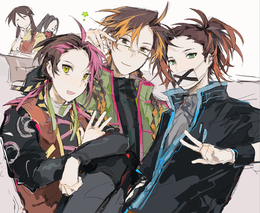 1girl, 4boys, apron, black_jacket, black_shirt, blonde_hair, brown_eyes, brown_hair