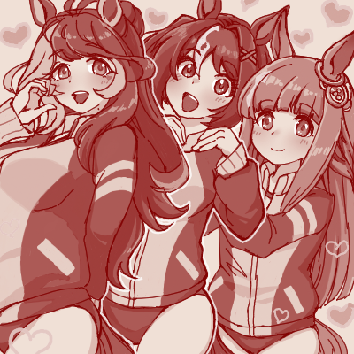 3girls, animal_ears, blush, breasts, buruma, chrono_genesis_(umamusume), closed_mouth, commentary_request