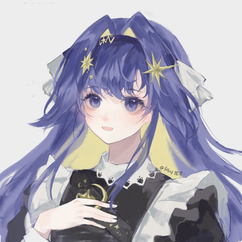 1girl, :d, absurdres, apron, artist_name, black_dress, black_hairband, blonde_hair