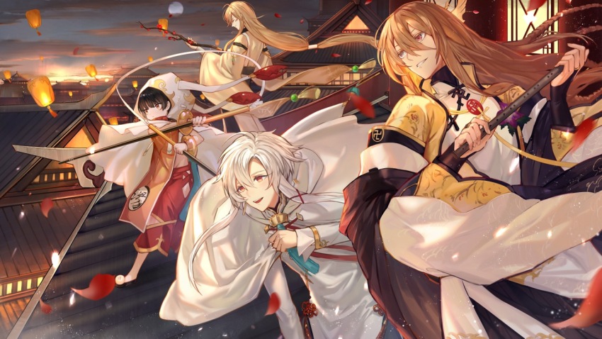 4boys, :d, architecture, bangle, black_bridal_gauntlets, black_hair, black_sash, black_shawl