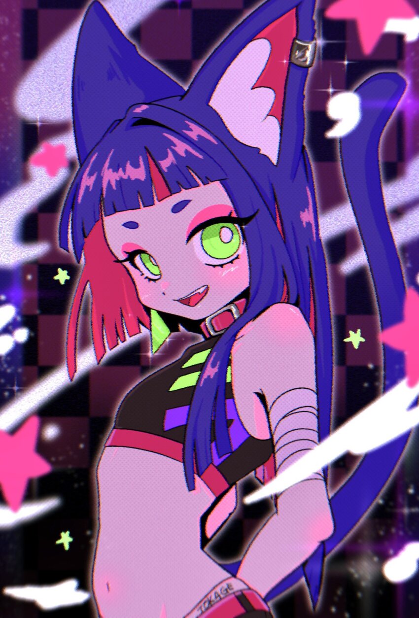 1girl, alternate_costume, animal_ear_fluff, animal_ears, artist_name, bandaged_arm, bandages, bare_arms, bare_shoulders, belt, belt_collar, blue_hair, breasts, bright_pupils, cat_ears, cat_girl, cat_tail, collar, collarbone, colored_inner_hair, earrings, fang, green_eyes, highres, jewelry, kung-fu-piggy, looking_at_viewer, multicolored_hair, navel, open_mouth, pink_belt, pink_collar, pink_hair, sammy_(kung-fu-piggy), small_breasts, smile, streaked_hair, tail, tokage_6666, triangle_earrings, white_pupils