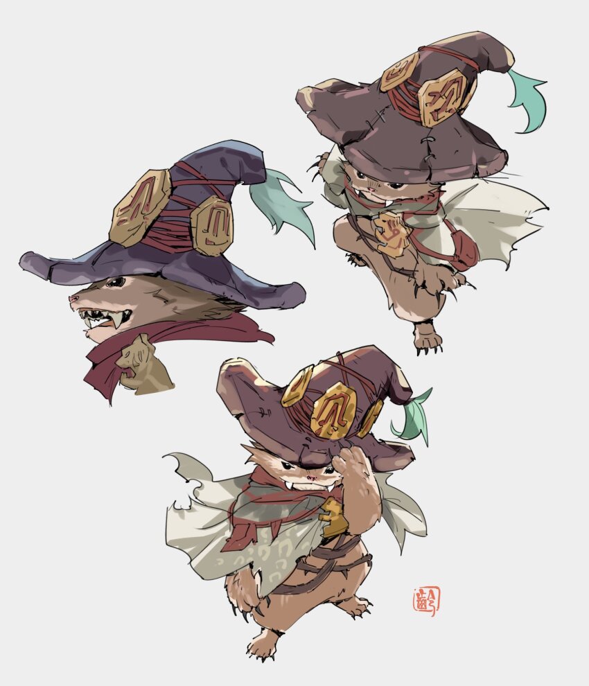 1other, animal_ear_fluff, animal_ears, animal_hands, bag, capelet, cat, cat_ears, fang, fangs, hat, highres, jody_tseng, monster_hunter_(series), monster_hunter_wilds, paw_pose, rove_(monster_hunter_wilds), simple_background, solo, white_background, witch_hat