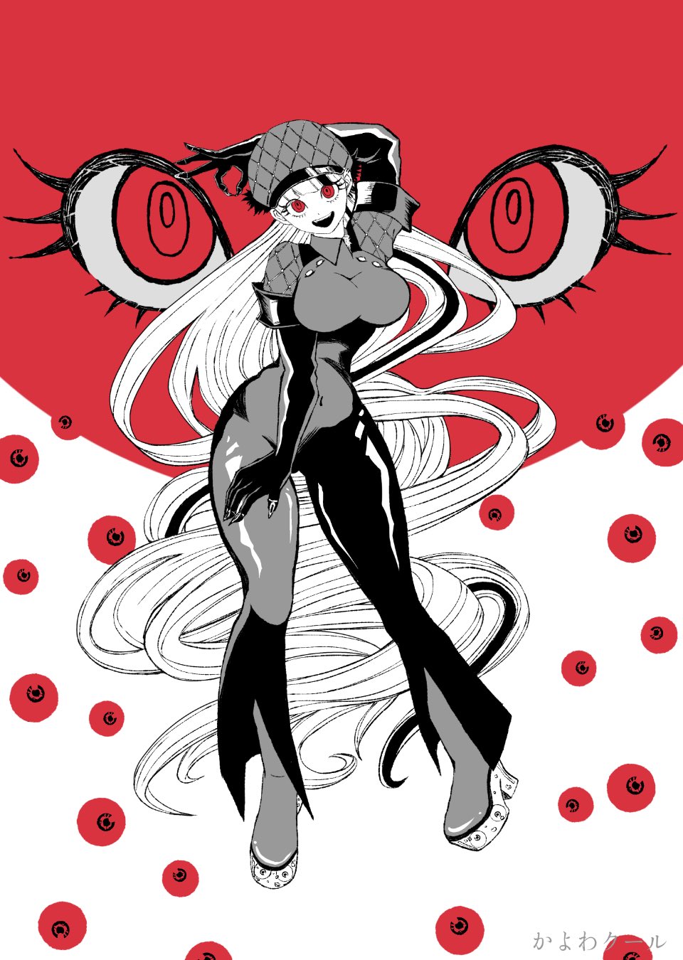 1girl, ass, breasts, gloves, hat, high_heels, highres, jewelry, kayowacool007, long_hair, long_sleeves, looking_at_viewer, madan_no_ichi, monochrome, open_mouth, pants, red_eyes, shirabedonna, shirt, smile, solo