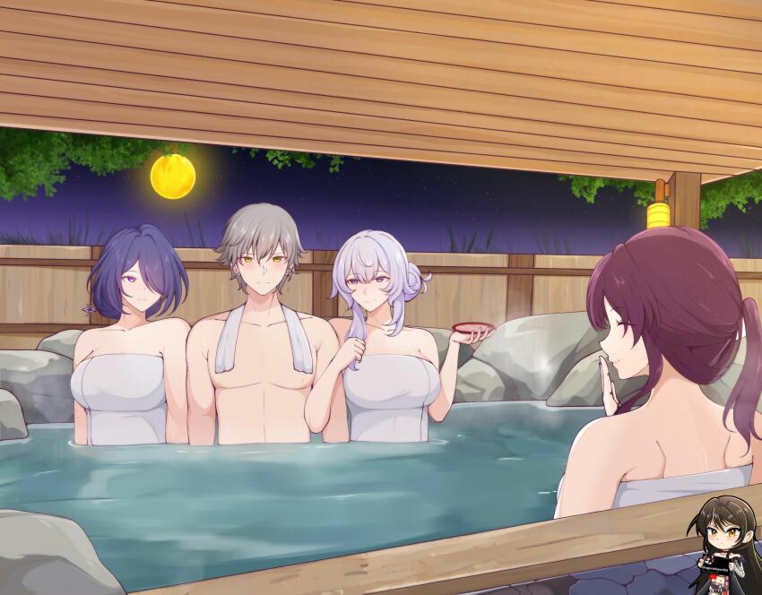 1boy, 3girls, absurdres, acheron_(honkai:_star_rail), alternate_hairstyle, arm_hug, black_swan_(honkai:_star_rail), blush