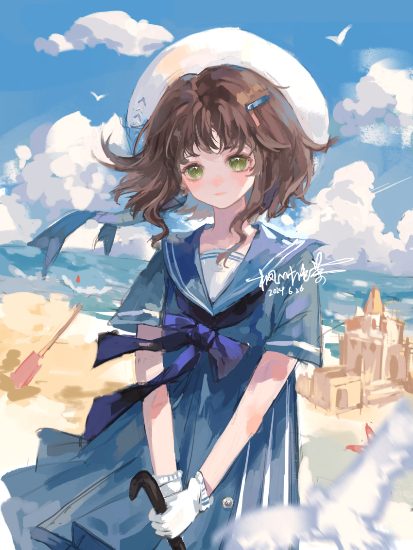 1girl, absurdres, artist_name, beach, beret, bird, blue_bow, blue_bowtie