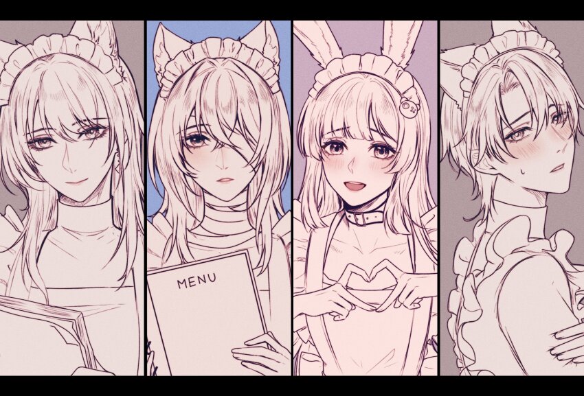 1boy, 3girls, alternate_costume, angon623, animal_ears, apron, belt_collar, black_border