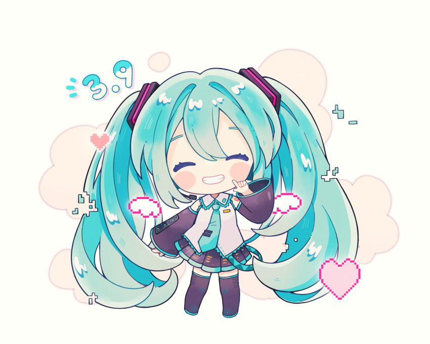 +++, 1girl, 39, ^_^, aqua_belt, aqua_hair, aqua_necktie, arm_at_side, bare_shoulders, belt, black_boots, black_outline, black_skirt, black_sleeves, blush_stickers, boots, chibi, chibi_only, closed_eyes, cloud_background, collared_shirt, commentary, detached_sleeves, facing_viewer, finger_to_cheek, flat_chest, full_body, grin, hair_between_eyes, hand_up, happy, hatsune_miku, heart, highres, index_finger_raised, inomo_(qimoshu), long_hair, loose_belt, miku_day, mini_wings, necktie, no_nose, outline, pixel_heart, pixelated, pleated_skirt, shirt, shoulder_tattoo, simple_background, skirt, sleeveless, sleeveless_shirt, smile, solo, tattoo, thigh_boots, thighhighs, tie_clip, twintails, very_long_hair, vocaloid, white_background, white_shirt, white_wings, wide_sleeves, wings, zettai_ryouiki