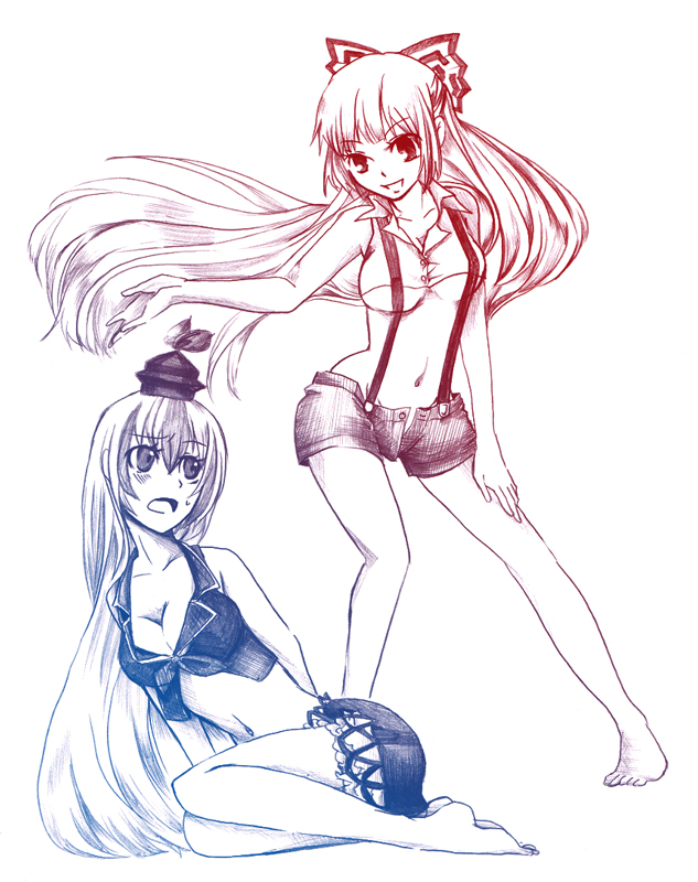 >:d, 2girls, :d, adapted_costume, bad_id, bad_pixiv_id, barefoot, bow, breasts, cleavage, crop_top, crownpink, d:, female_focus, fujiwara_no_mokou, graphite_(medium), hair_bow, hat, hip_focus, kamishirasawa_keine, long_hair, midriff, miniskirt, mixed_media, monochrome, multicolored_hair, multiple_girls, multiple_monochrome, no_panties, open_mouth, ponytail, revealing_clothes, shirt, short_shorts, shorts, simple_background, sitting, skirt, sleeveless, sleeveless_shirt, smile, standing, straight_hair, suspenders, sweatdrop, touhou, traditional_media, two-tone_hair, underboob, unzipped, v-shaped_eyebrows, very_long_hair, white_background, white_hair, yokozuwari