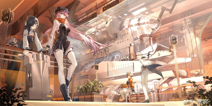 1other, 3girls, :o, absurdres, bare_arms, black_boots, black_dress, black_gloves