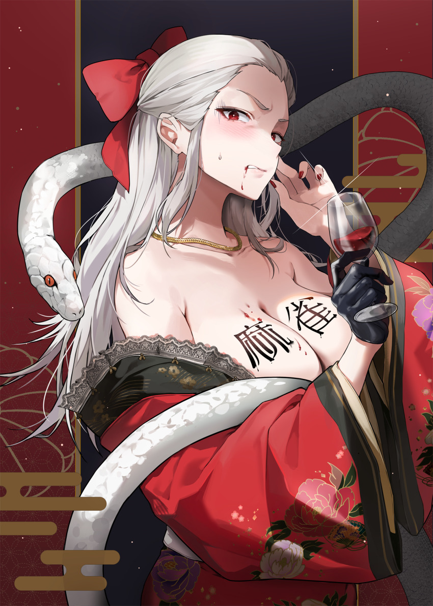 1girl, akagi:_yami_ni_oritatta_tensai, alcohol, bare_shoulders, black_background, black_gloves, blood, blood_from_mouth