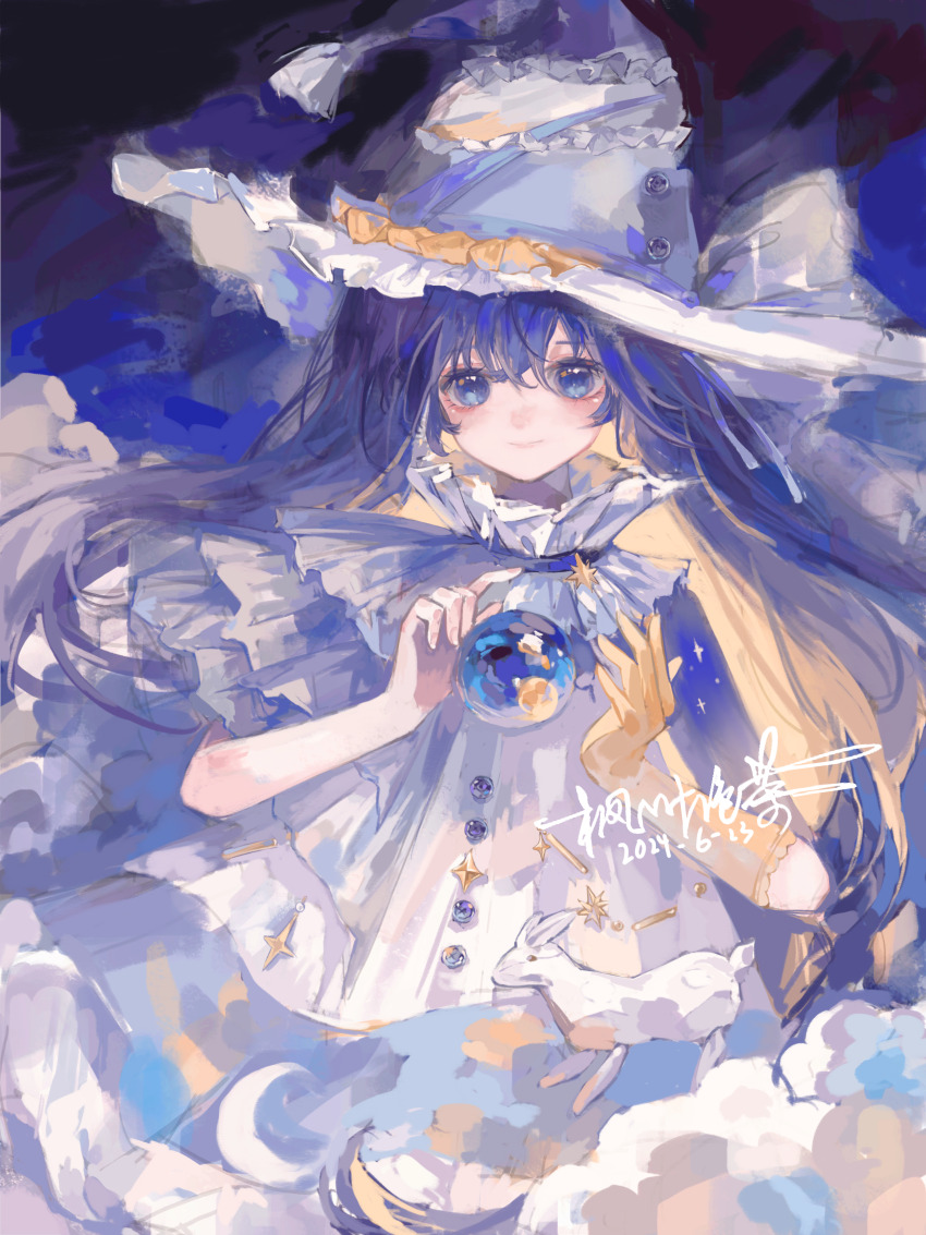 1girl, absurdres, artist_name, blonde_hair, blue_background, blue_eyes, blue_hair, blue_hat