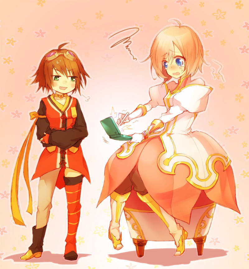 00s, 2girls, asymmetrical_footwear, bad_id, bad_pixiv_id, blue_eyes, boots, brown_hair