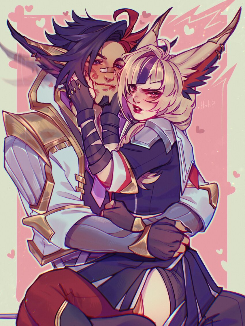 1boy, 1girl, absurdres, animal_ears, bandaid, bandaid_on_face, bandaid_on_nose, black_gloves