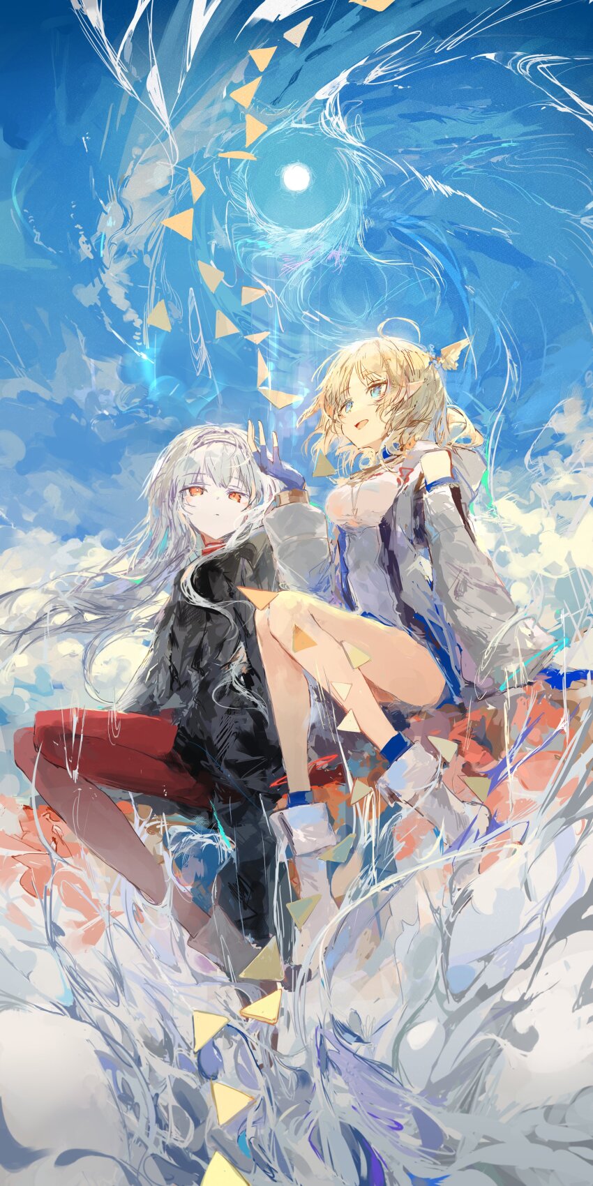 2girls, :d, absurdres, ahoge, alternate_costume, ankle_boots, astero_(ex_astris), bare_legs