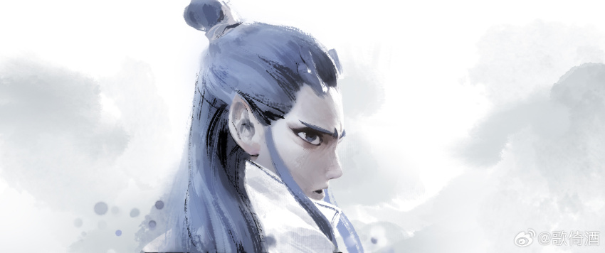 1boy, ao_bing_(nezha_zhi_motong_jiangshi), blue_eyes, dragon_boy, dragon_horns, eastern_dragon_horns, faux_traditional_media, from_side