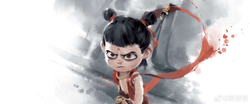 1boy, :/, absurdres, black_hair, brown_eyes, brown_pants, double_bun, facial_mark