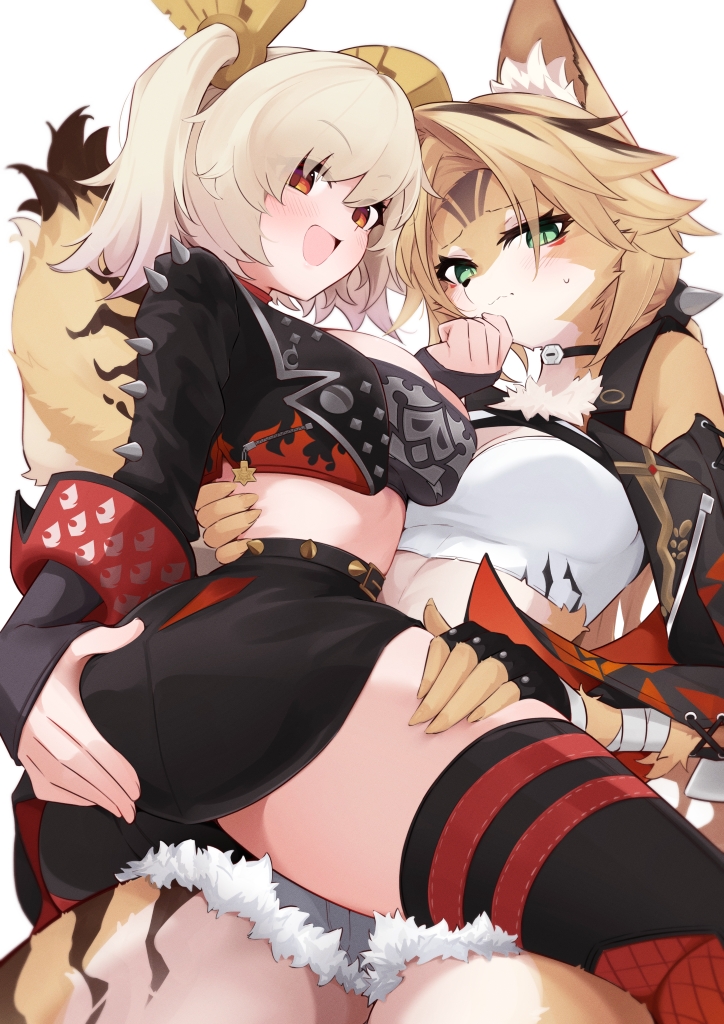 2girls, animal_ear_fluff, animal_ears, blonde_hair, breasts, burnice_white, cheetah_girl, cleavage