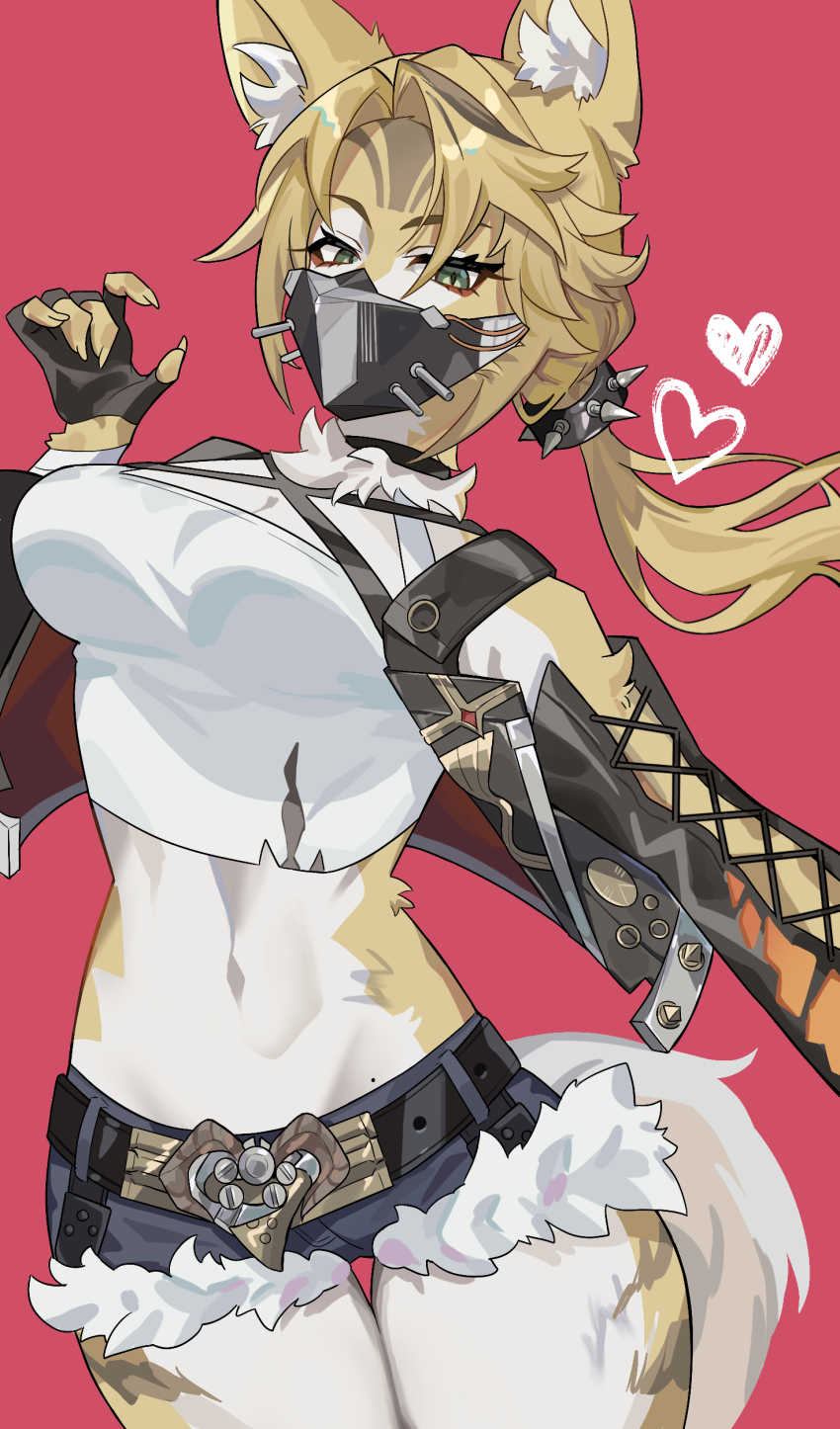 1girl, absurdres, animal_ear_fluff, animal_ears, belt, black_belt, black_choker, black_gloves, black_mask, blonde_hair, blue_shorts, breasts, cheetah_girl, choker, cleavage, cropped_jacket, cropped_shirt, fingerless_gloves, furry, furry_female, gloves, heart, highres, long_hair, long_sleeves, looking_at_viewer, medium_breasts, pink_background, ponytail, pulchra_fellini, shirt, shorts, solo, umiinu_(umi_inu11), white_shirt, yellow_fur, zenless_zone_zero