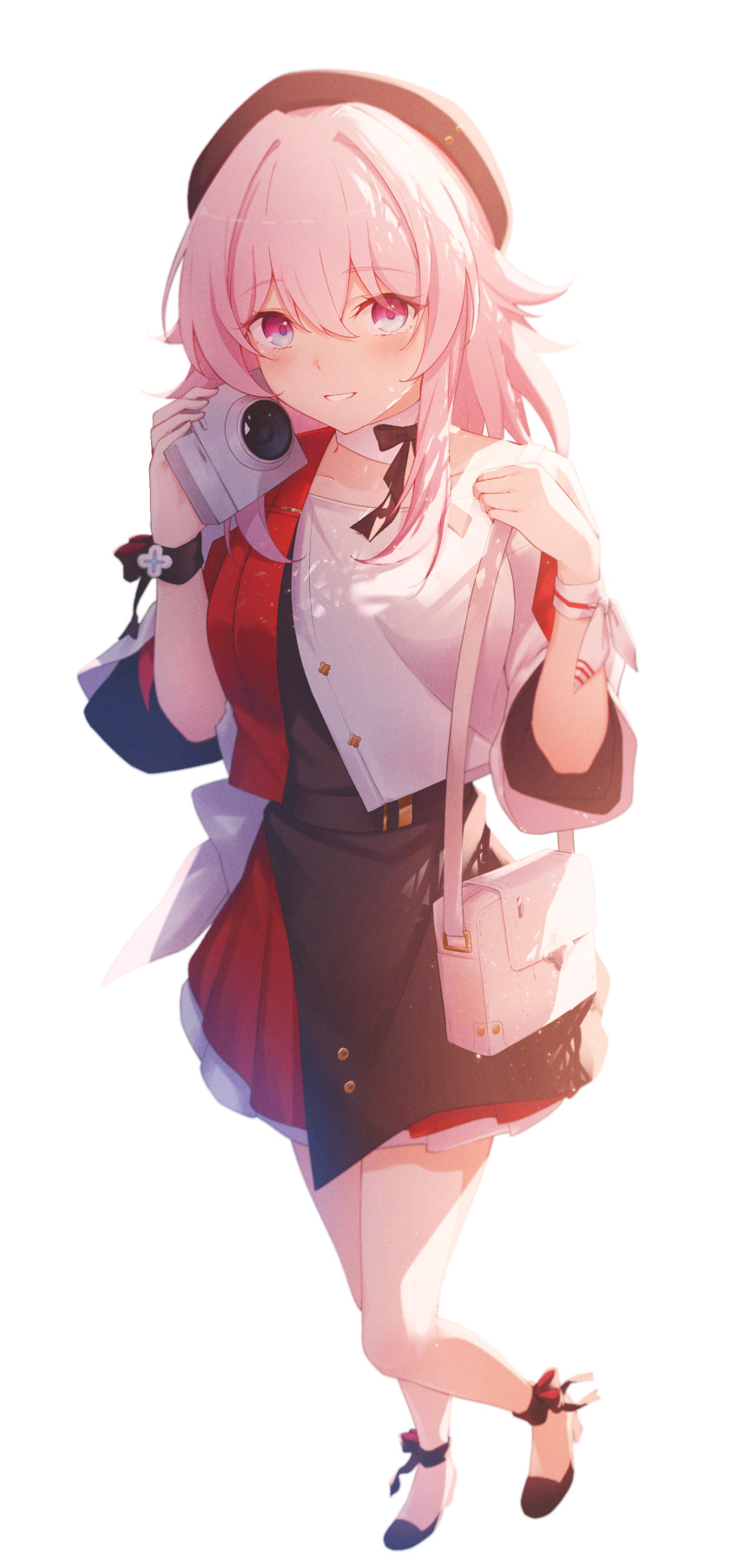 1girl, absurdres, ankle_bow, ankle_ribbon, ankle_strap, bag, belt, beret