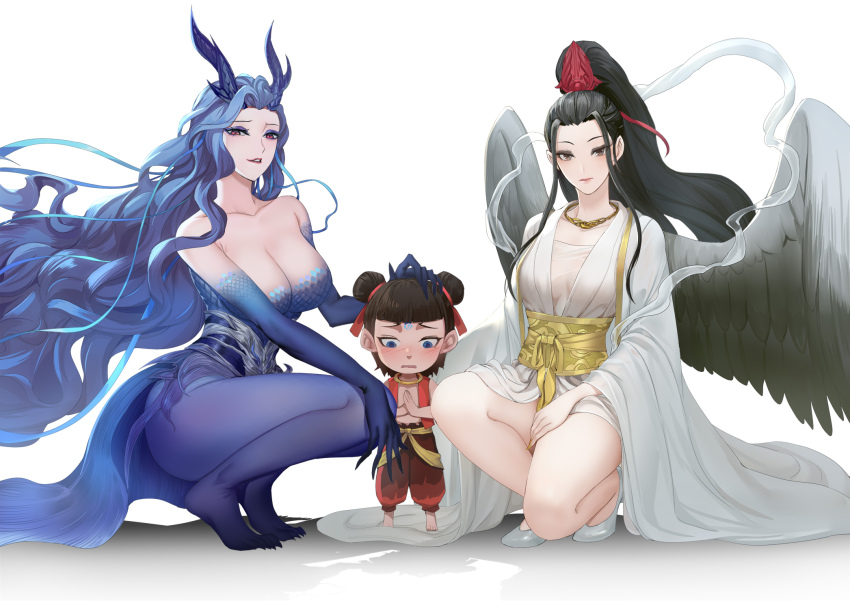 1boy, 2girls, ao_bing_(nezha_zhi_motong_jiangshi), ao_run_(nezha_zhi_motong_jiangshi), bird_girl, black_wings, blue_hair, bozaigao_x, breasts, cleavage, colored_skin, double_bun, dragon_girl, dragon_horns, dress, feathered_wings, forehead, hair_bun, hand_on_another's_head, hetong_(nezha_zhi_motong_jiangshi), high_ponytail, highres, horns, long_hair, looking_at_viewer, multiple_girls, nezha_(nezha_zhi_motong_jiangshi), nezha_zhi_motong_jiangshi, ponytail, sarong, simple_background, smile, squatting, wavy_hair, white_background, white_dress, wide_sleeves, wings