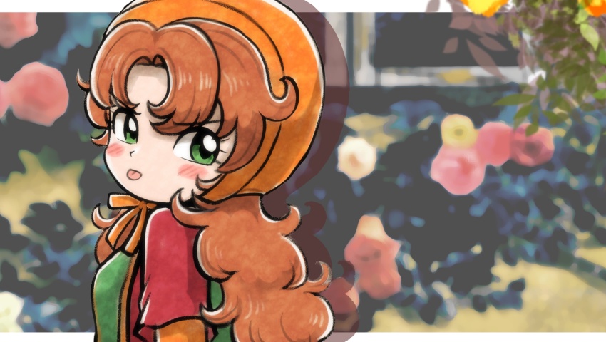 1girl, absurdres, artist_name, blurry, blurry_background, blush_stickers, bonnet, border