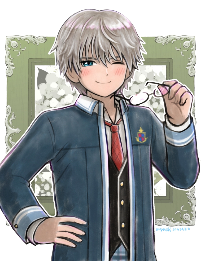 1boy, artist_name, black-framed_eyewear, black_vest, blazer, blue_eyes, commentary, dragon_quest