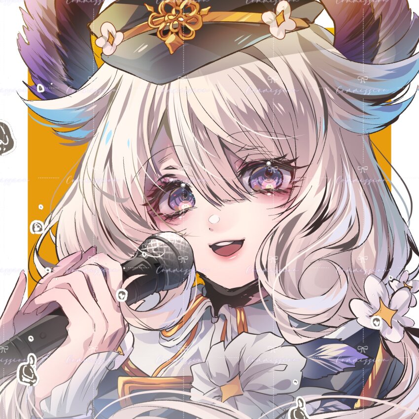 1girl, akazumii, blonde_hair, blush, commentary, commission, english_commentary, enna_alouette, flower, hair_between_eyes, hair_flower, hair_ornament, hat, head_wings, highres, holding, holding_microphone, looking_at_viewer, low_twintails, microphone, nijisanji, nijisanji_en, nijisanji_idol_uniform, official_alternate_costume, open_mouth, peaked_cap, pink_lips, purple_eyes, second-party_source, solo, twintails, virtual_youtuber, wings