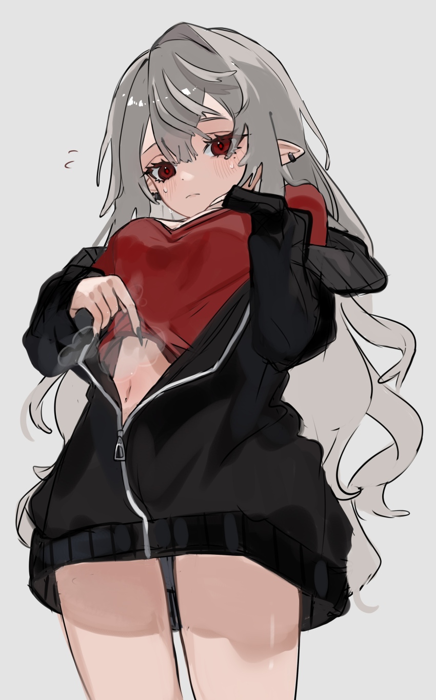 1girl, absurdres, black_track_suit, breasts, clothes_lift, genderswap, genderswap_(mtf), grey_background