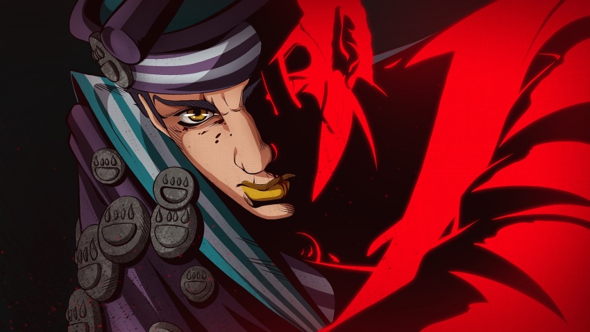 1boy, animal, blue_hat, blue_sailor_collar, dixie_cup_hat, hat, higashikata_josuke_(jojolion), highres, jojo_no_kimyou_na_bouken, jojolion, military_hat, multicolored_hat, obladi_oblada, purple_hat, purple_shirt, red_light, s0osauge, sailor, sailor_collar, sailor_hat, shirt, yellow_eyes, yellow_lips