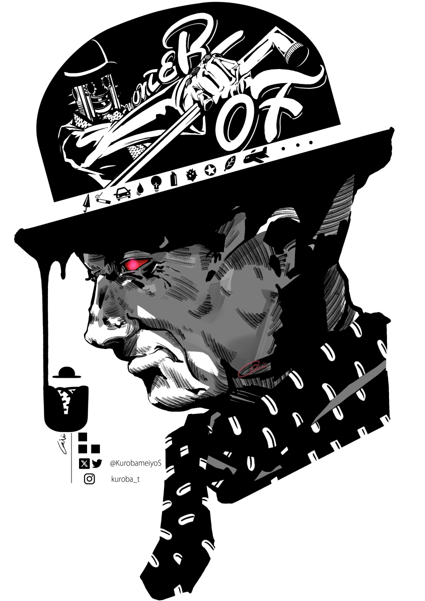 1boy, 1other, absurdres, akefu_satoru, black_scarf, bowler_hat, cane, colored_sclera